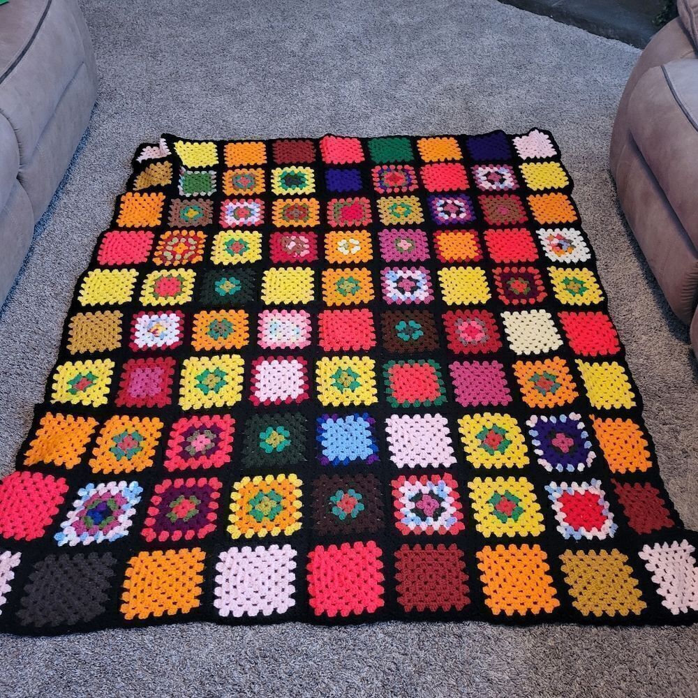 Vintage 80s Roseann Show Granny Square Afghan crochet Handmade Blanket
